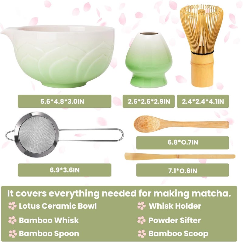 RANERANE Matcha Whisk Set, Lotus Gradient Green Ceramic Matcha Set Includes Matcha Bowl, Matcha Whisk (Chasen) and Holder, Sifter, Bamboo Scoop & Spoon - 6 Pcs Matcha Kit for Matcha Lovers - Image 2